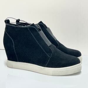 Steve Madden Flavy Wedge Heel Sneaker Shoes Suede Side Zipper Black Womens 9